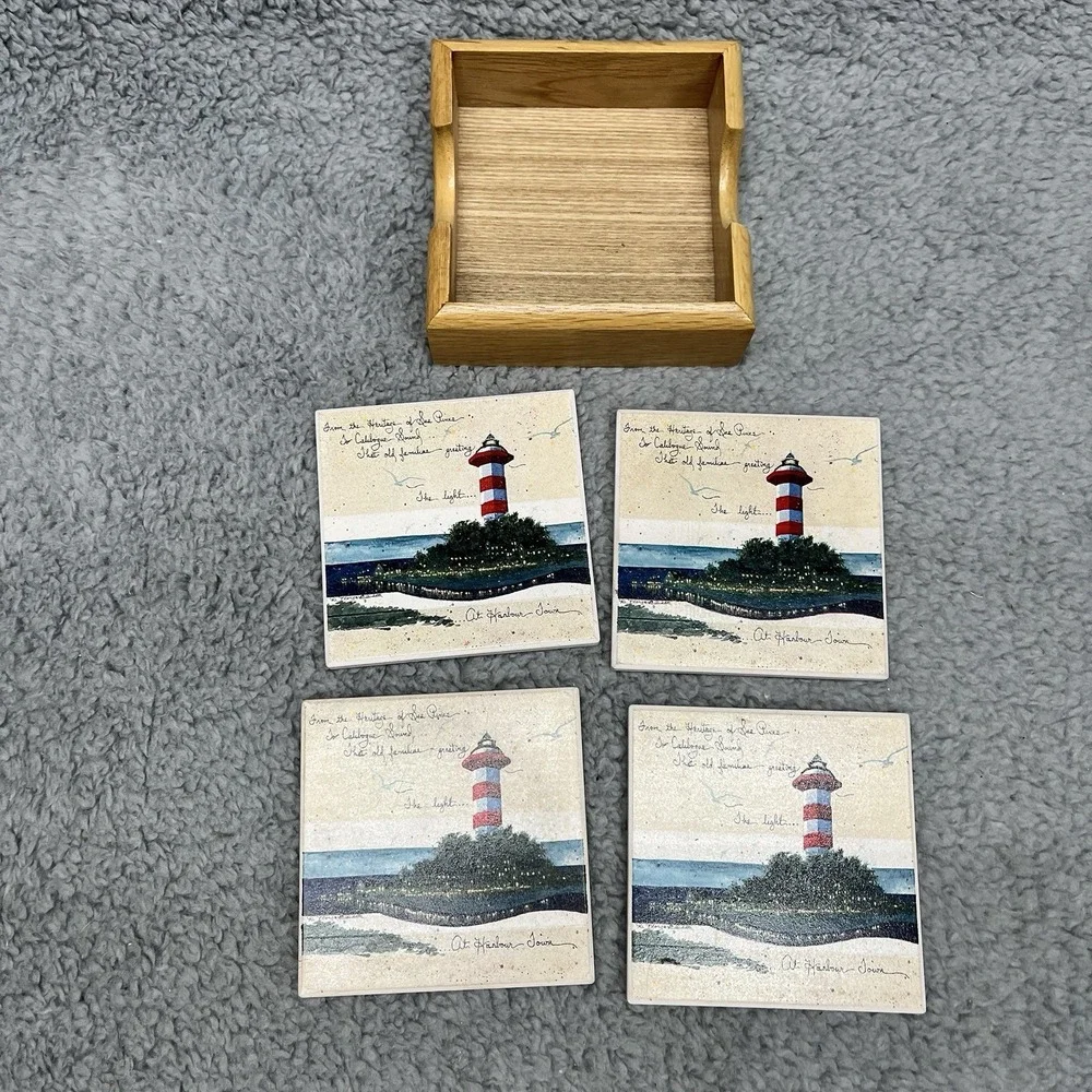 Hilton‎ Head Lighthouse Tile Drink Coasters Harbour Town Set of 4 w/ Tray
